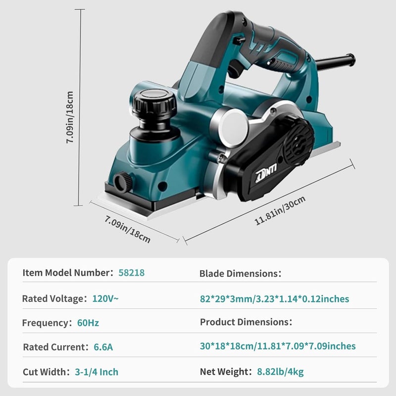 DNTI 6.6amp Corded Electric Handheld Planers 17000rpm Hand Planer Power Woodworking Tool Power Handheld Planer for Wood Chamfer DIY model 3-1/4 Inch Cut Width 58218 - Image 4